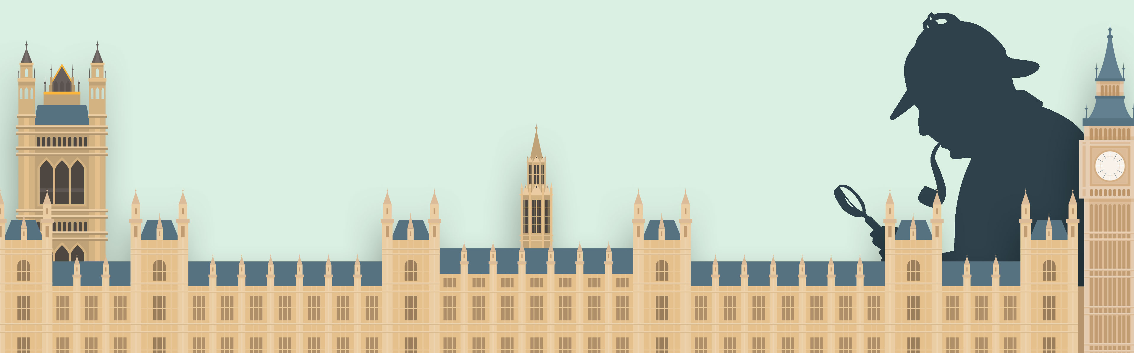 Illustration der Houses of Parliament mit einer Silhouette von Sherlock Holmes, der eine Lupe und eine Pfeife hält.