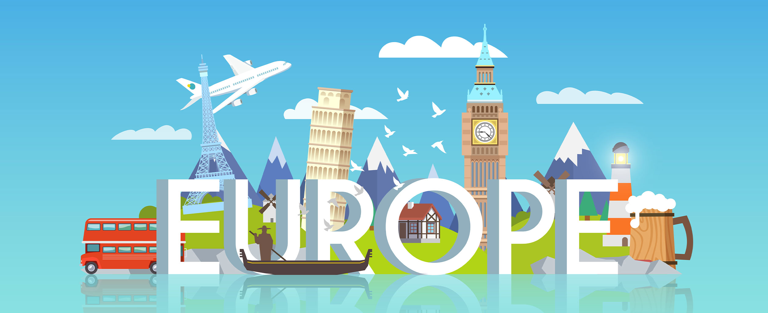 Illustration von europäischen Wahrzeichen, darunter der Eiffelturm, der schiefe Turm von Pisa und Big Ben, hinter dem Wort Europa.