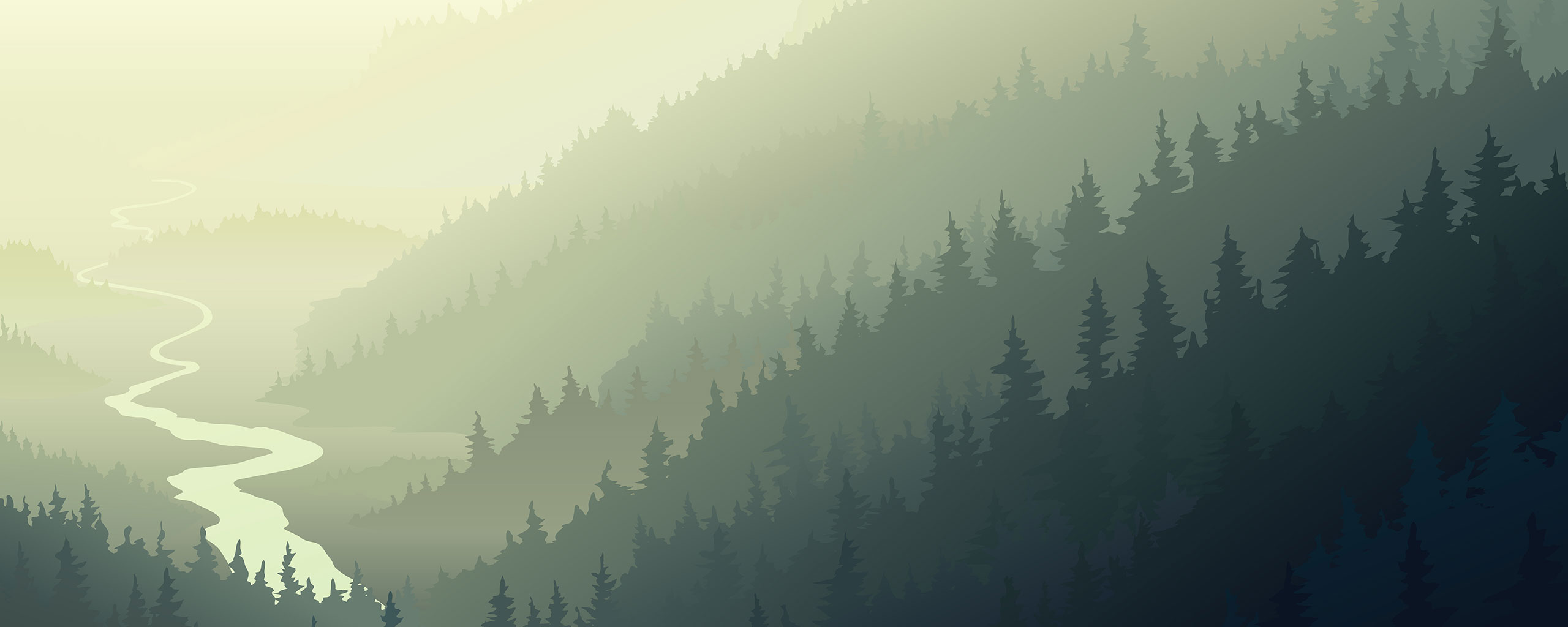 Illustration eines Kiefernwaldes mit Hügeln und einem sich schlängelnden Fluss im weichen, nebligen Licht.
