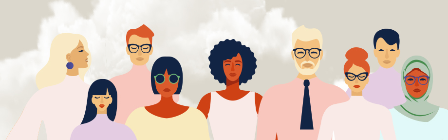 Illustration einer Gruppe von Menschen, die vor einem neutralen Hintergrund mit Wolken zusammenstehen.