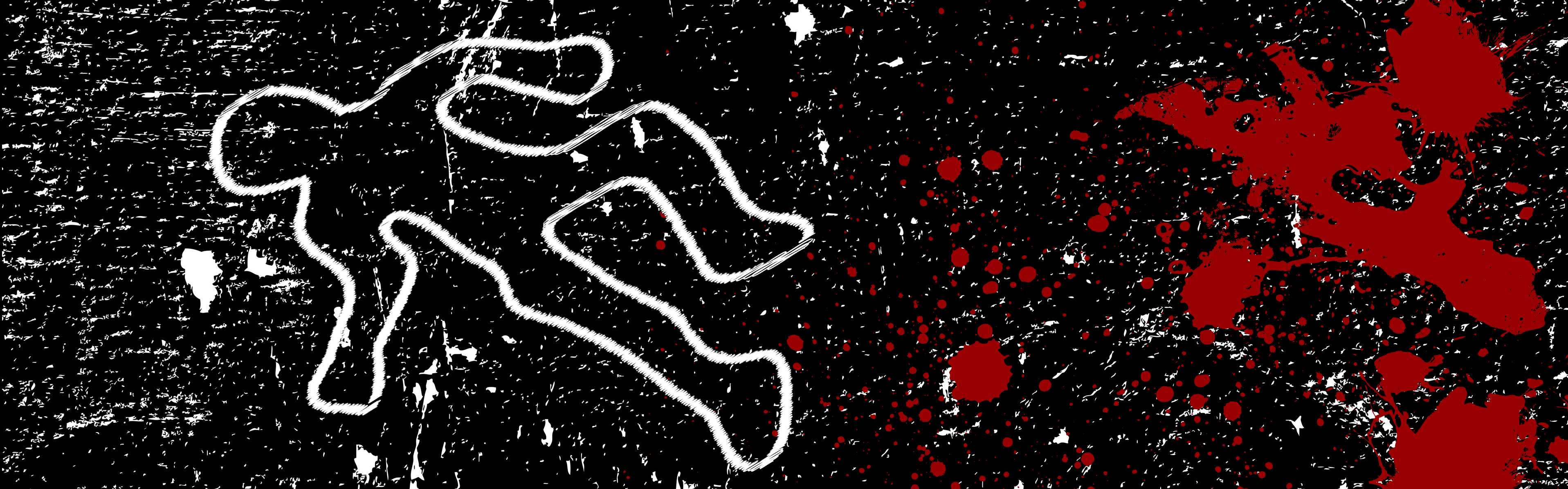 Ein weißer Kreideumriss eines Körpers und rote Blutspritzer auf einem rauen schwarzen Hintergrund.