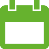Grünes Kalendersymbol mit zwei Tabs am oberen Rand, das einen einfachen Kalender oder ein Datumssymbol darstellt.