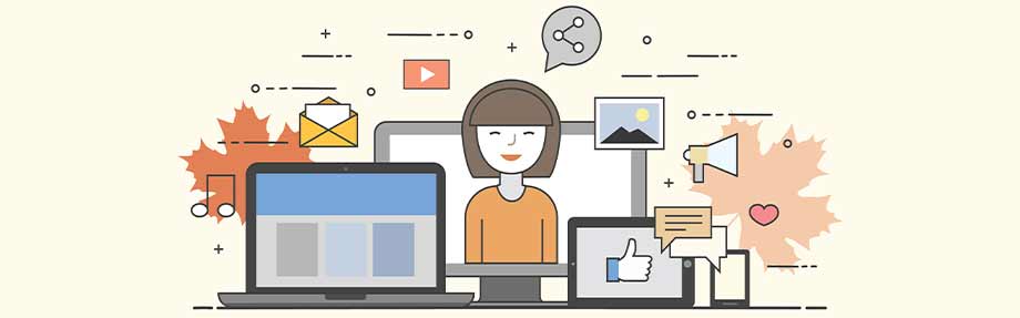 Illustration einer Frau an einem Computer, umgeben von Laptops, Tablets und Symbolen für E-Mail, soziale Medien und Kommunikation.