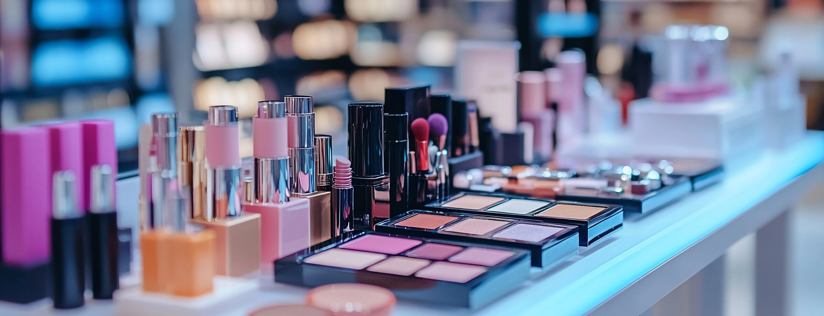 Various cosmetic products are aesthetically lined up on a table