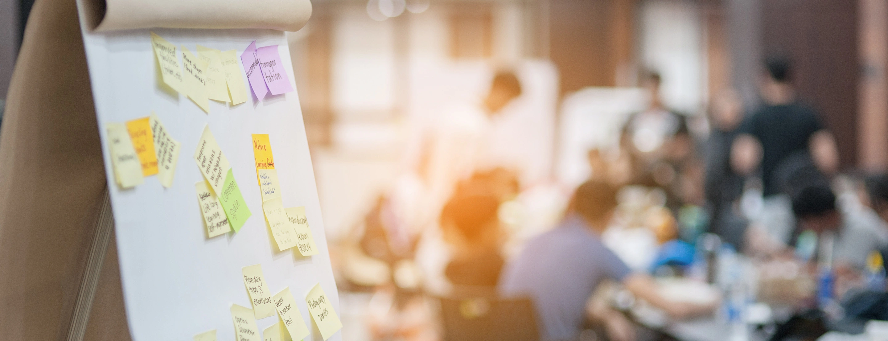 Several people take part in a workshop together, many colorful notes are stuck on a whiteboard