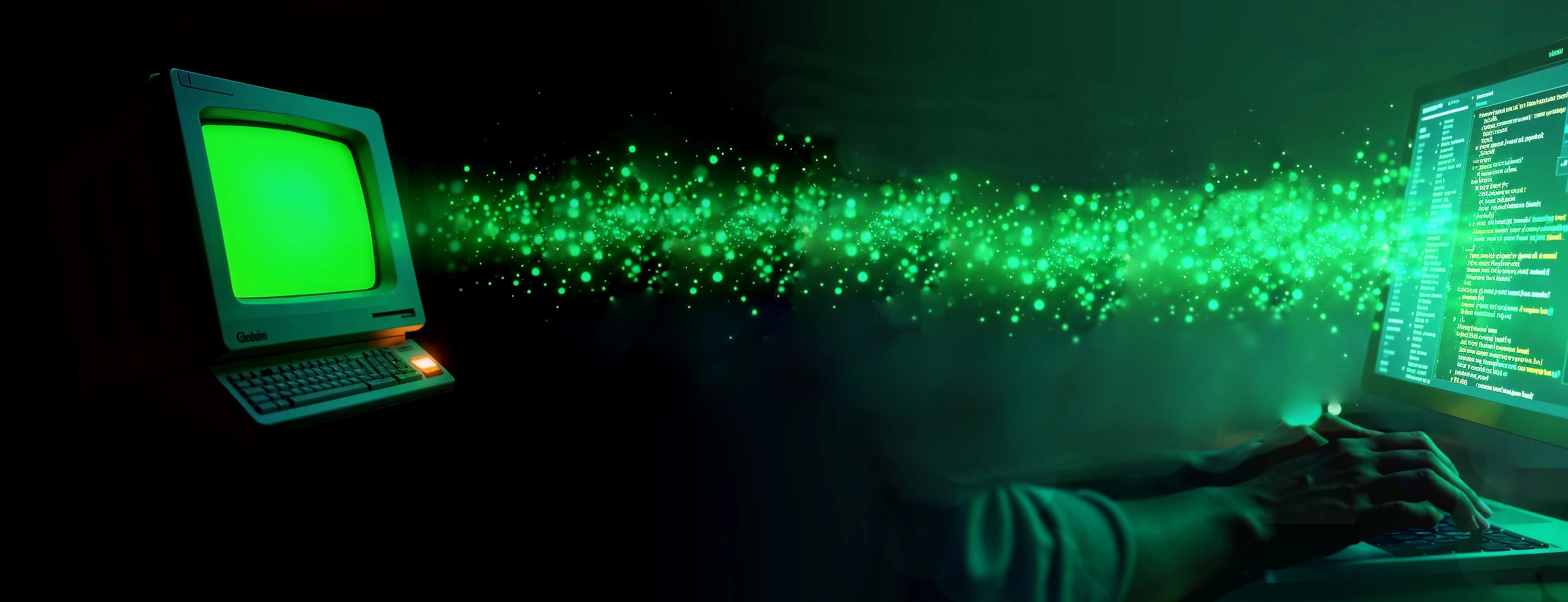 From retro computer, a green-glowing data stream goes to modern laptop as a visualization of the software modernization