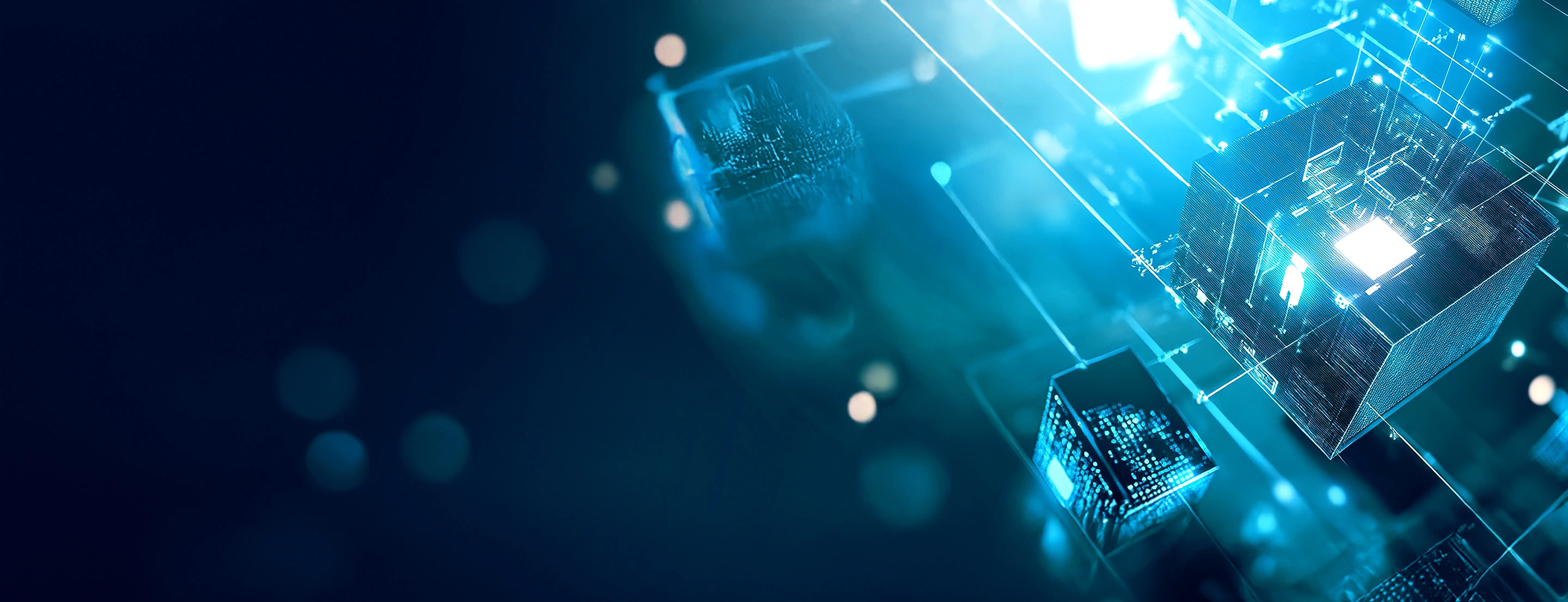 Abstraktes Bild von Datenwürfeln, technisch gehalten in blau