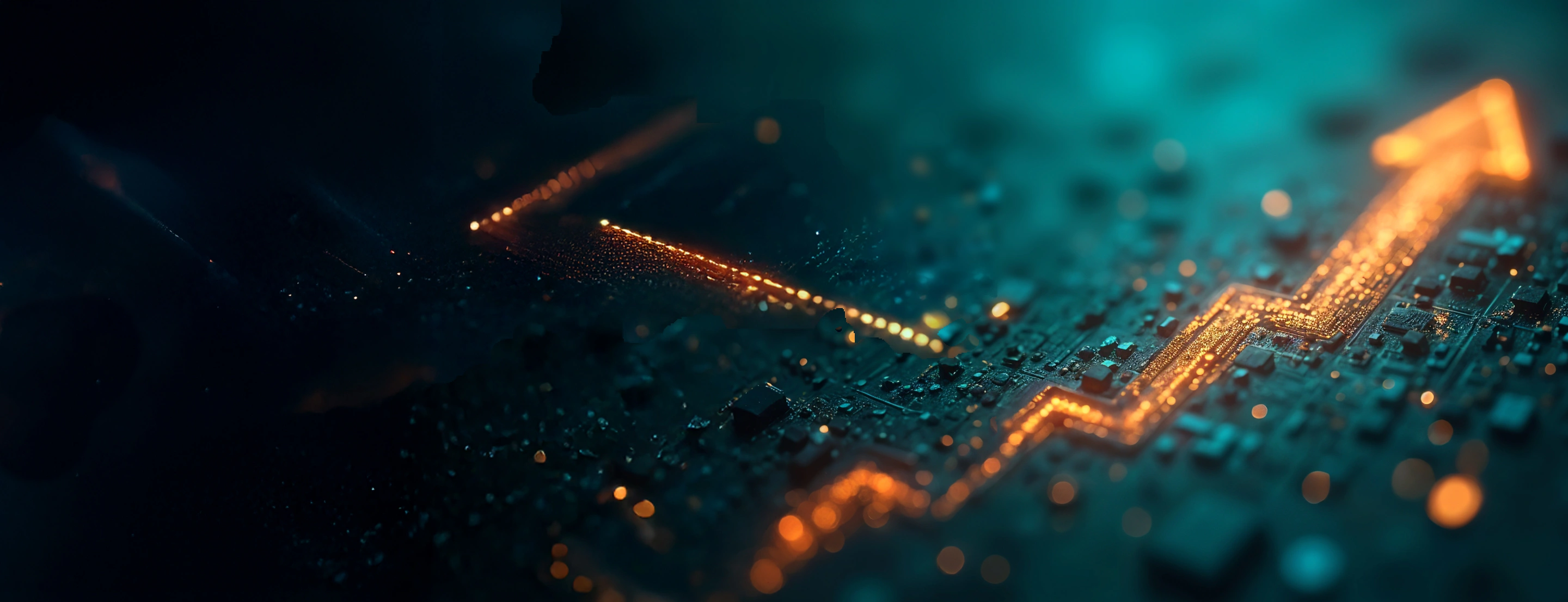 Abstract image of a circuit board in green and blue, with an orange arrow leading upwards step by step.