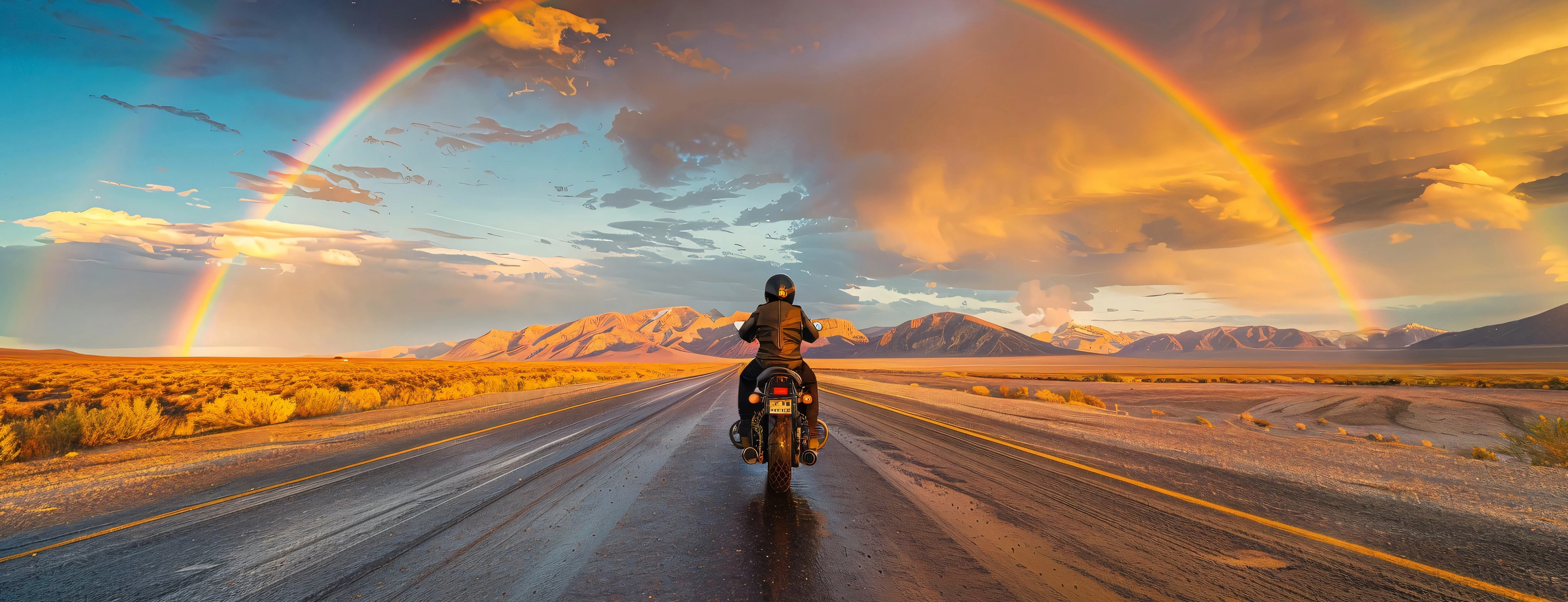 Motorcyclist headed towards a rainbow