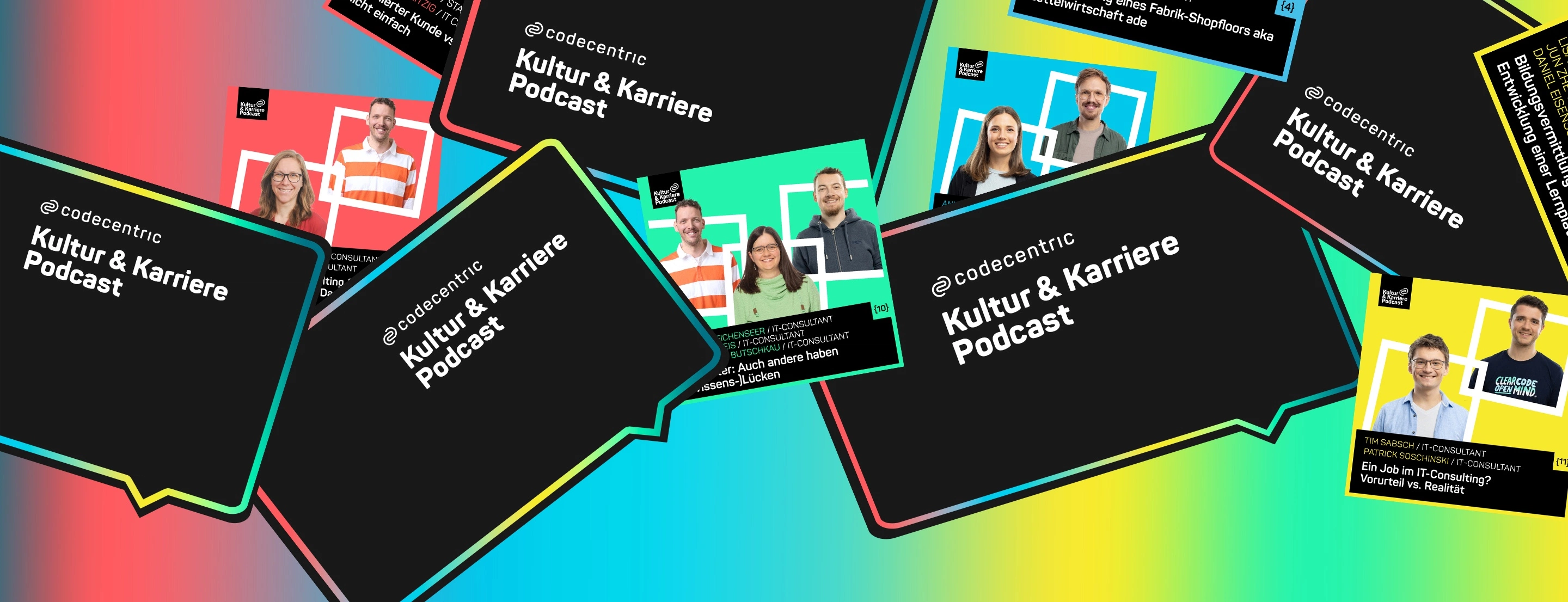 Bunte Grafik mit verschiedenen Podcast-Covern und mehrfach dem Schriftzug "codecentric Kultur & Karriere Podcast"