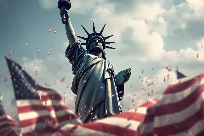 Ticker-tape parade under Statue of Liberty