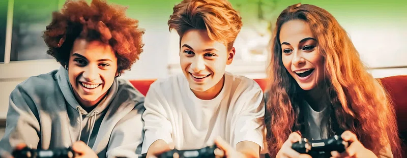Three teenagers playing a video game