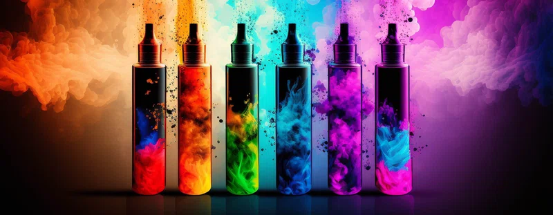 6 vapes surrounded by colourful clouds