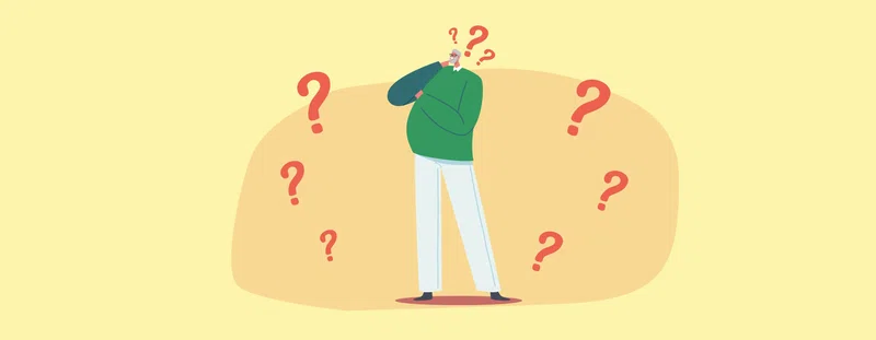 Illustration: person thinking, question marks