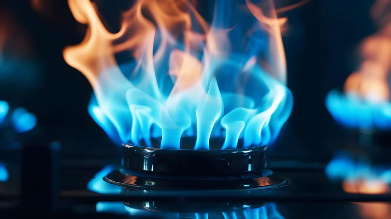 Gas hob showing blue flame