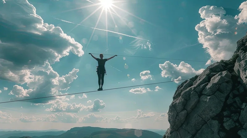 High wire walker as the sun