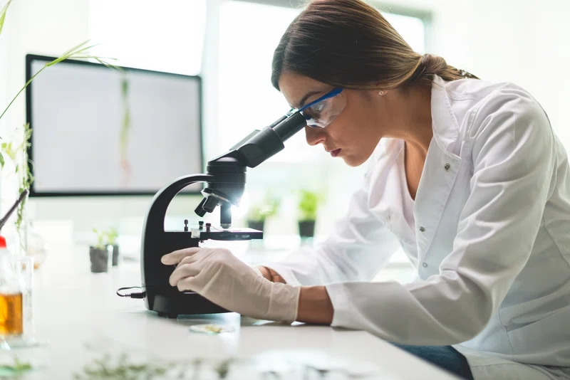 Laboratory technician looking through microscope