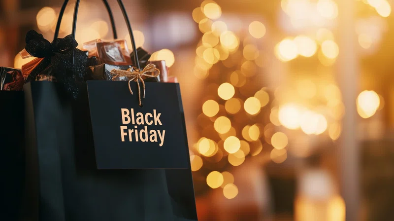Black Friday shopping bag filled with gifts