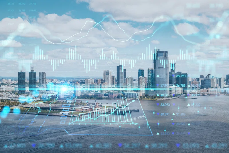 Charts overlayed on a US city skyline