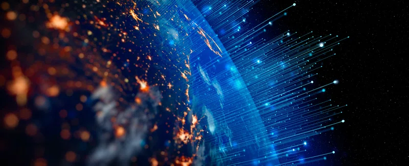 Technology themed image showing fluorescent lights coming off an image of Earth