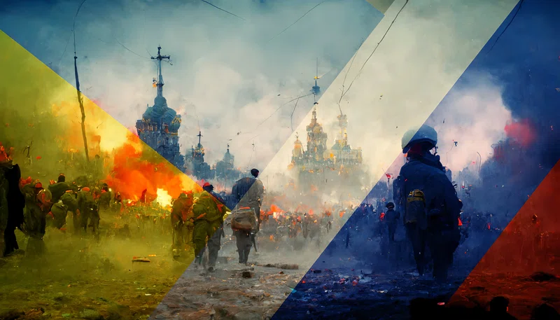 Russian and Ukrainian flags with soldiers and refugees