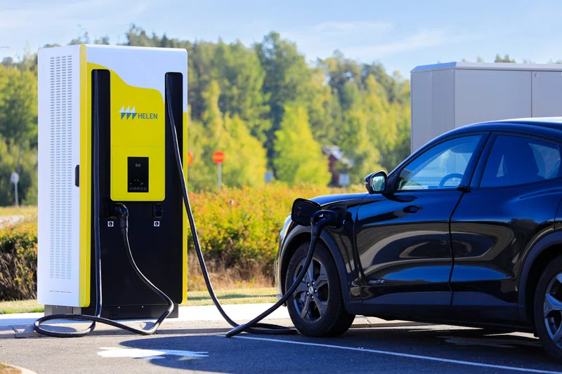 Ford Mustang Mach-E electric car charging on a autumn day