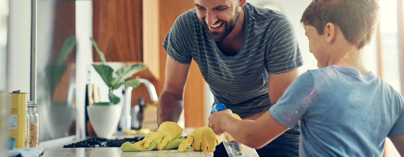 Man and son cleaning