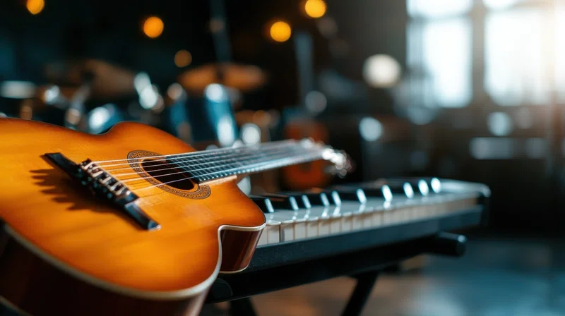 Acoustic guitar placed on electronic keyboard