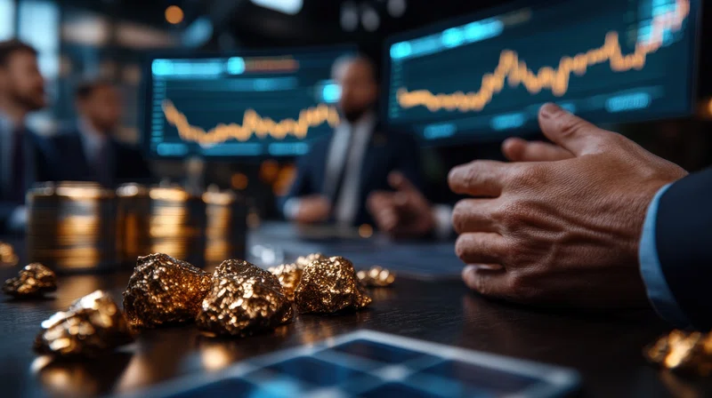 Finance pros analyse data with golden nuggets on desk