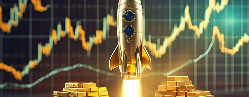 A rocket with gold chart behind