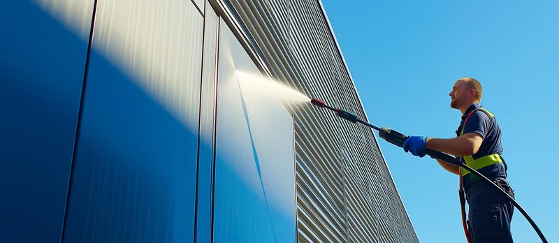Worker cleaning facade of commercial building