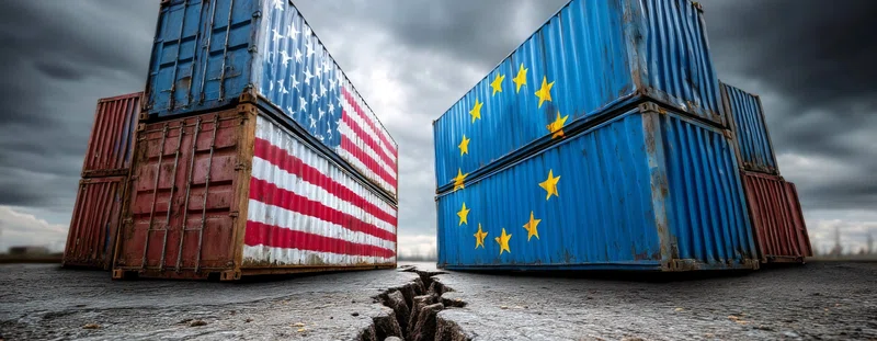 Two shipping containers, one with a USA flag and one with European flag