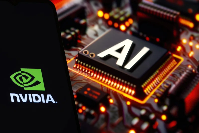 Nvidia logo and blurred AI chip