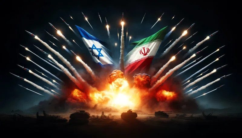 Israeli and Iranian flags amidst fiery skies