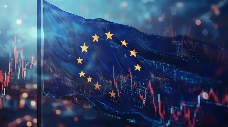 Europe flag against stock market graph