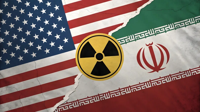 US & Iran flags with atom symbol
