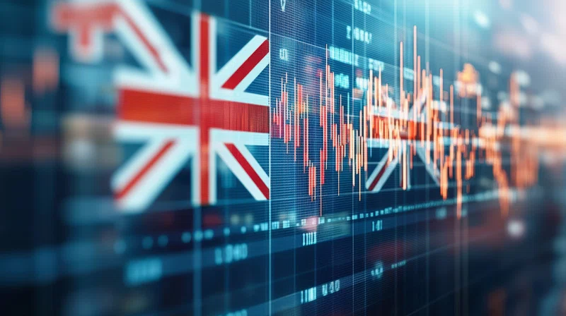 UK flag overlaid on financial graph