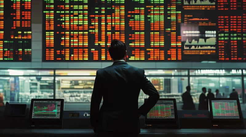 Trader looking at shares prices on giant screen 
