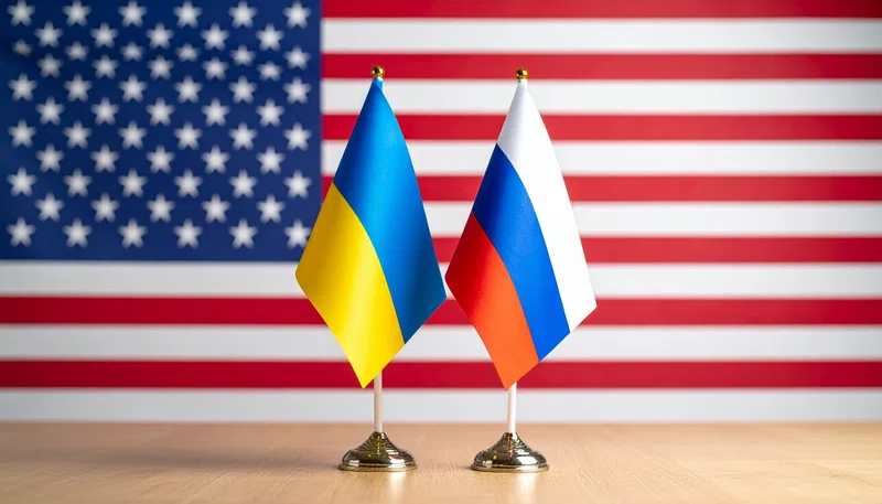 US, Ukraine and Russia flags displayed together