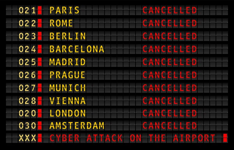 Airport info display with cyber-attack warning