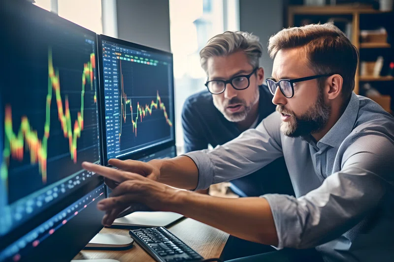 Two men trading on computer screen