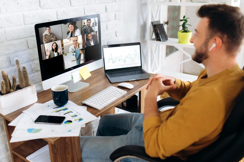An office worker on a video conferencing call