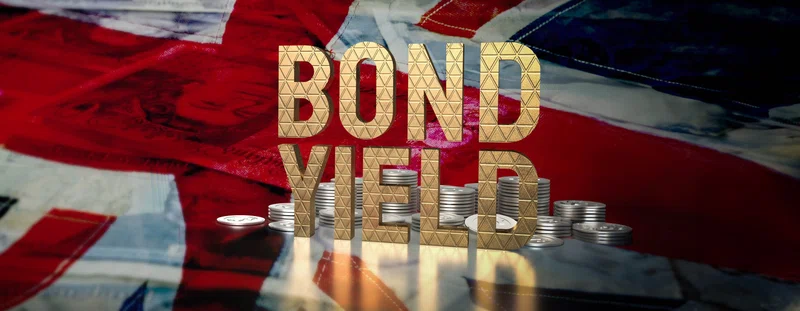 The words Bond Yield in gold on a British flag
