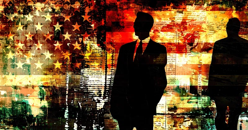 Businessman against US flag & economy background