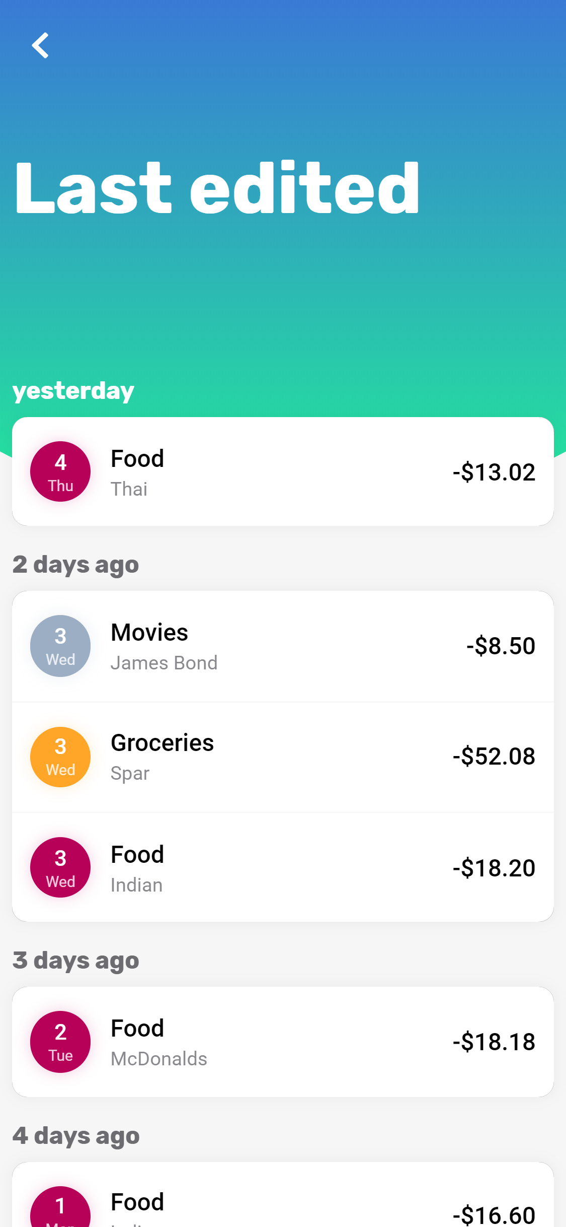 Screenshot of the app showing a list of last edited entries