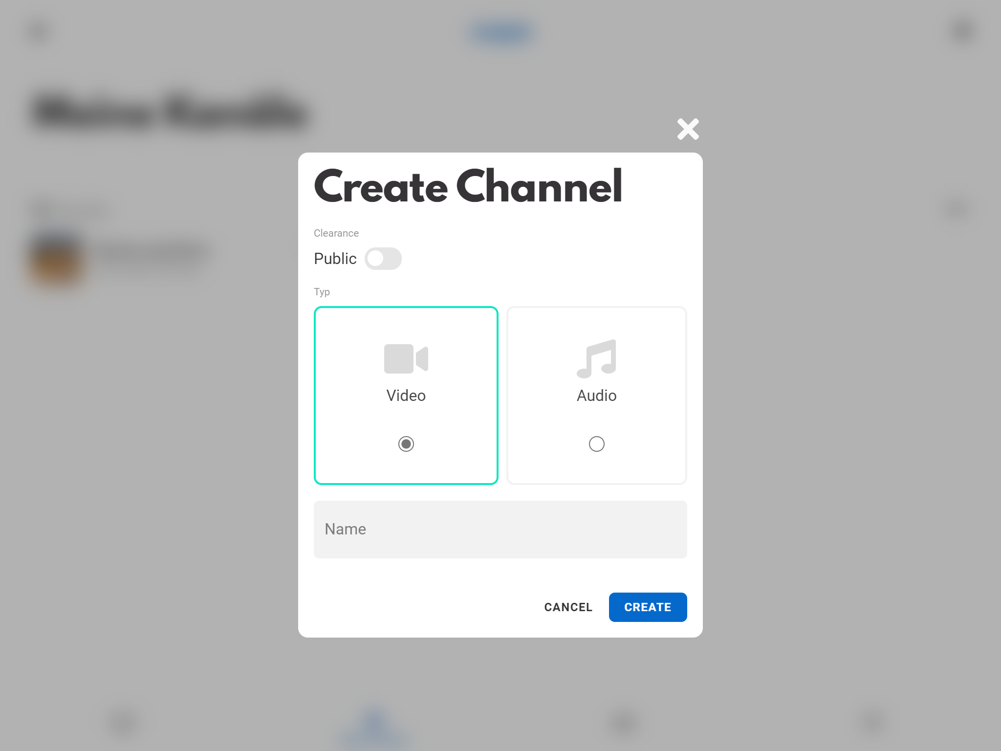 Screenshot of the app on a tablet showing the create channel dialog