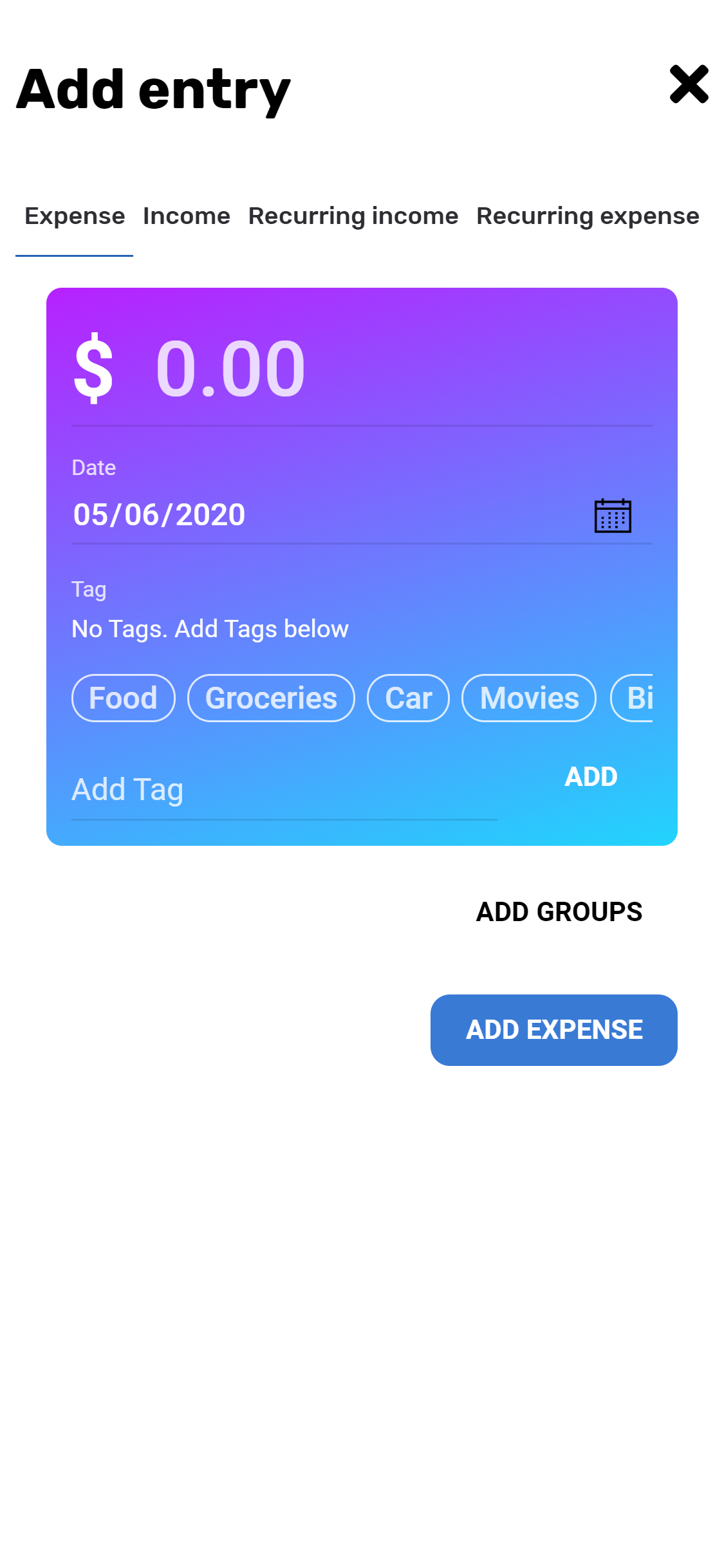Screenshot of the app showing how to add an entry