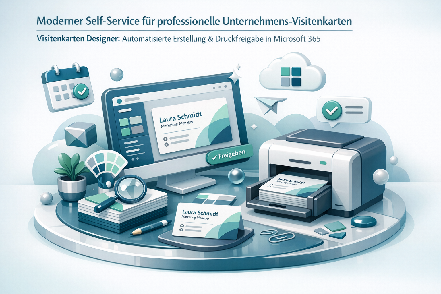 Moderner Self‑Service für professionelle Unternehmens‑Visitenkarten. Visitenkarten Designer: Automatisierte Erstellung & Druckfreigabe in Microsoft 365.