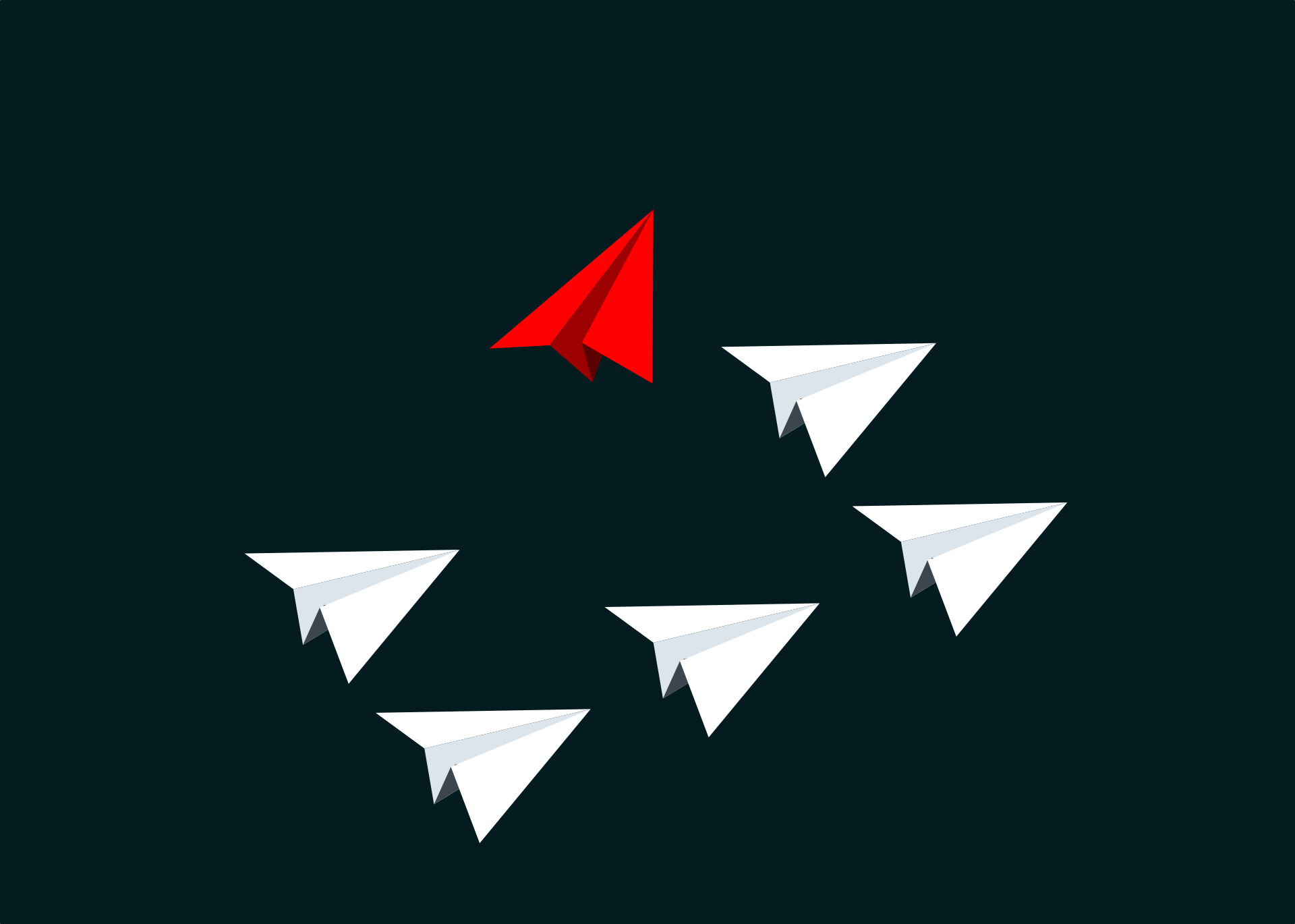 Avions en papier blanc allant dans la même direction et un rouge. 