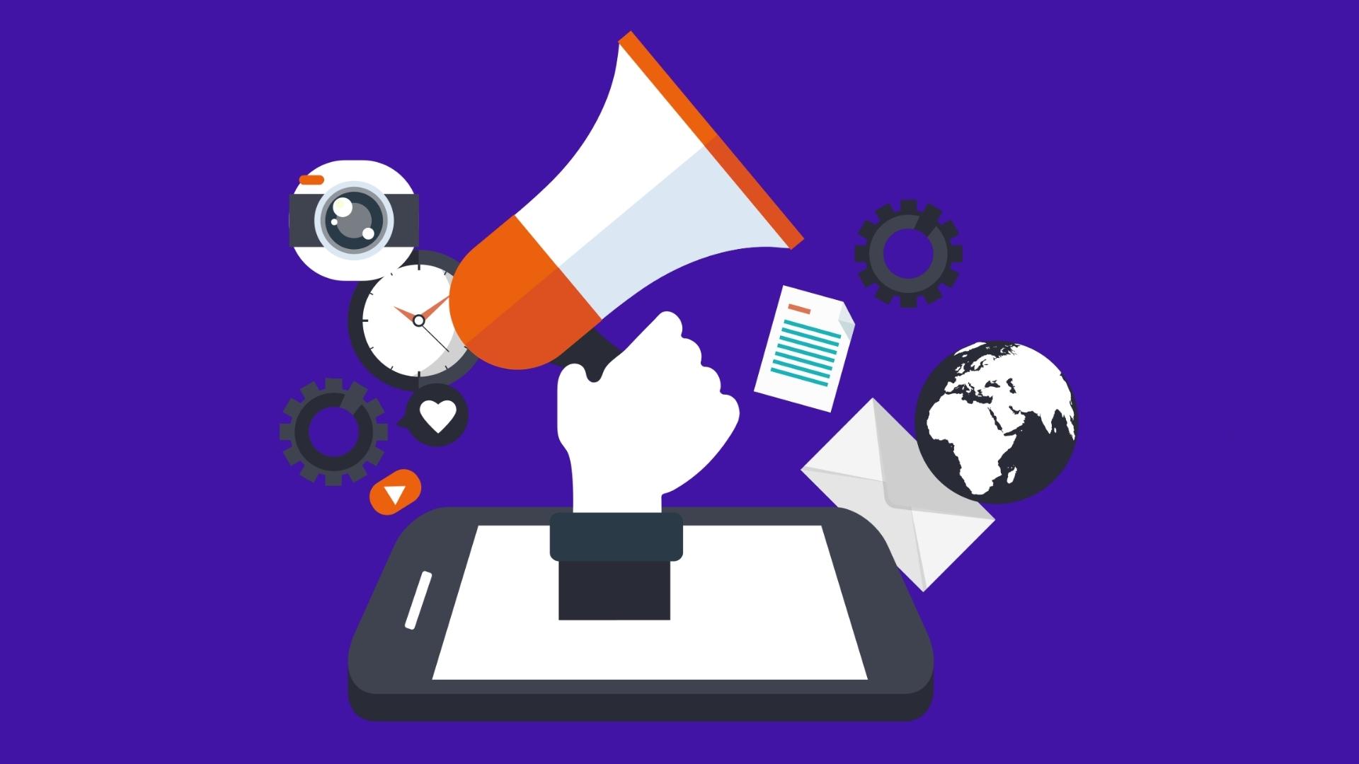 Mégaphone et outils informatiques sortant d'une tablette. 